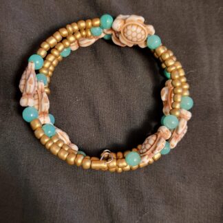Beaded Memory Wire Bracelet Gold Color Green Turtles Beachy Vibe