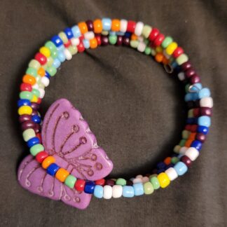 Beaded Memory Wire Bracelet Rainbow Colorful Seed Beads Purple Butterfly