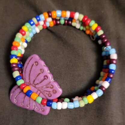 Beaded Memory Wire Bracelet Rainbow Colorful Seed Beads Purple Butterfly