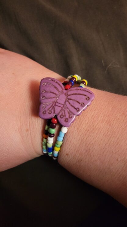 Beaded Memory Wire Bracelet Rainbow Colorful Seed Beads Purple Butterfly - Image 2