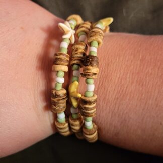 Beaded Memory Wire Bracelet Wood Beads Starfish Beachy Vibe