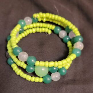 Beaded Memory Wire Bracelet Green Semiprecious Stone Gemstone Glass Seed Beads