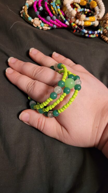 Beaded Memory Wire Bracelet Green Semiprecious Stone Gemstone Glass Seed Beads - Image 2