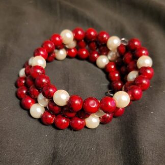 Beaded Memory Wire Bracelet Deep Red Enhanced Stone White Pearl Bold Colors