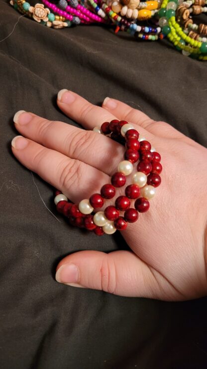 Beaded Memory Wire Bracelet Deep Red Enhanced Stone White Pearl Bold Colors - Image 2