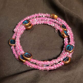 Beaded Memory Wire Bracelet Soft Pink Seed Beads Blue & Gold Femme Style