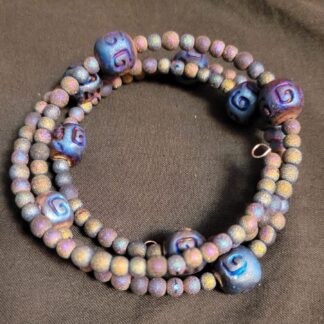 Beaded Memory Wire Bracelet Black Glass Iridescent Beads Seed Beads Engraved Beads