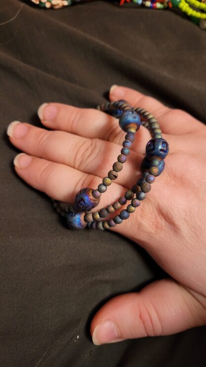 Beaded Memory Wire Bracelet Black Glass Iridescent Beads Seed Beads Engraved Beads - Image 2