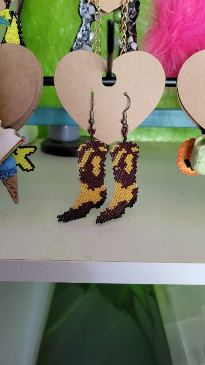 Brown Beaded Brick Stitch Cowboy Boot Earrings - Image 2