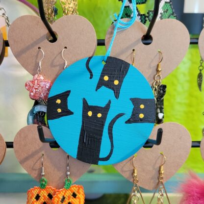 Cute Black Cat Quartet Blue Wooden Ornament