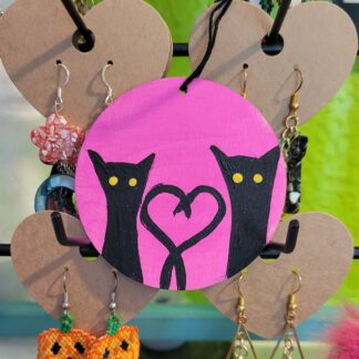 Cute Black Cat Pair on Pink Wooden Ornament w Heart Tails