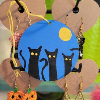 Cute Black CatTrio on Blue Wooden Ornament w full Moon