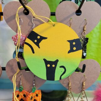 Cute Black Cat Trio on Yellow and Green Wooden Ornament