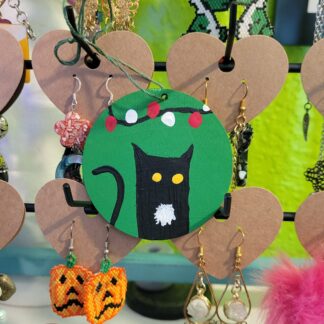 Cute Black Cat Christmas Lights Green Wooden Ornament