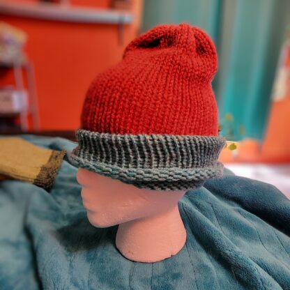 Red and Teal Summer Weight Wool Blend Beanie