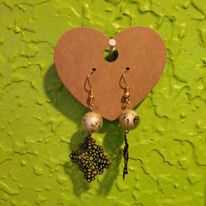 Bronze Filigree Earrings With Gold Textured Ball