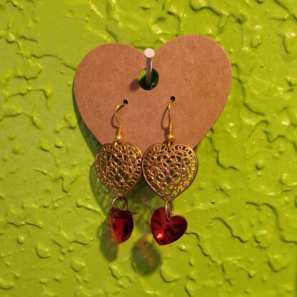 Red Crystal Heart Filigree Earrings