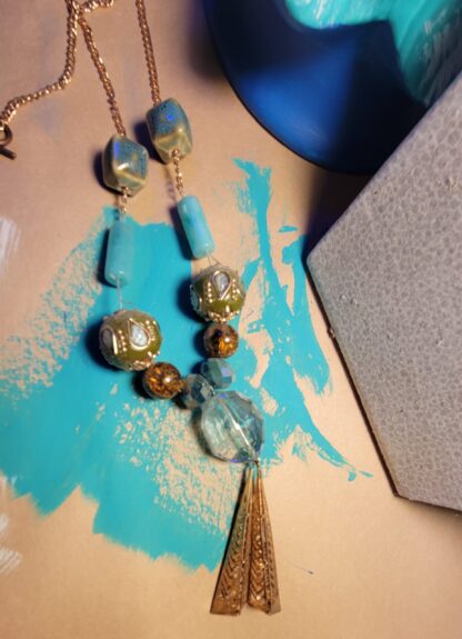 Turquoise Gold and Amber Beaded Necklace 21 Inches - Image 2
