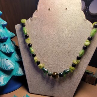 Green Glass Beaded Necklace with Ceramic Focal 18 Inches