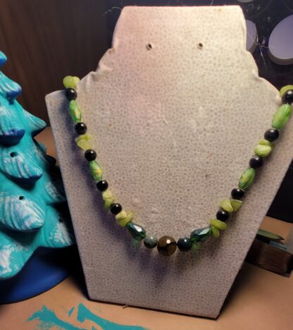 Green Glass Beaded Necklace with Ceramic Focal 18 Inches