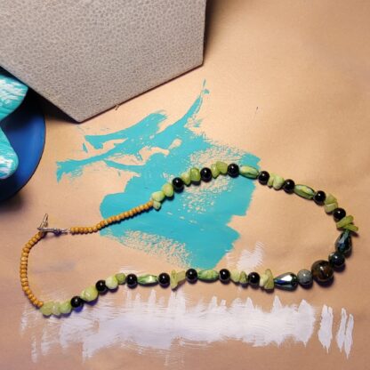 Green Glass Beaded Necklace with Ceramic Focal 18 Inches - Image 3