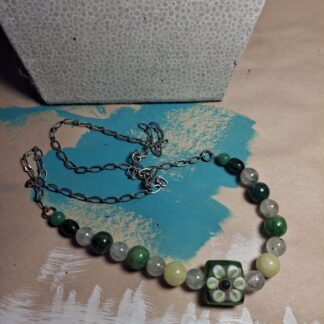 Green Floral Necklace with Semi-Precious Stones