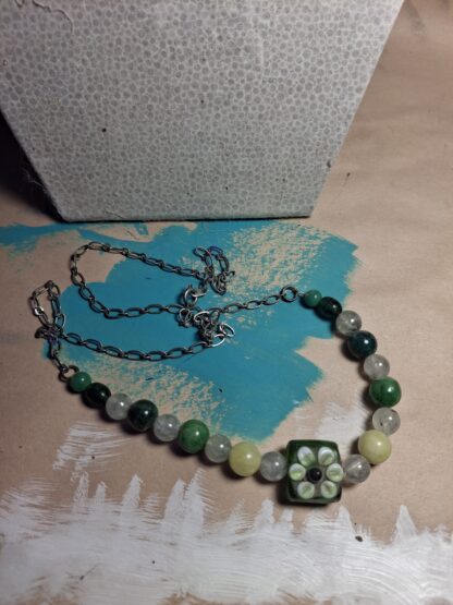 Green Floral Necklace with Semi-Precious Stones
