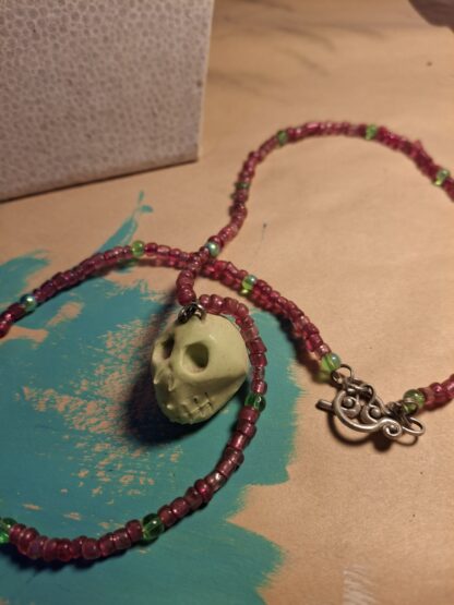 Polymer Clay Green Skull Beaded Necklace - Image 3