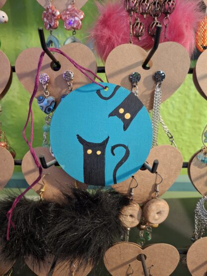 Cute Black Cats on Blue Wooden Ornament