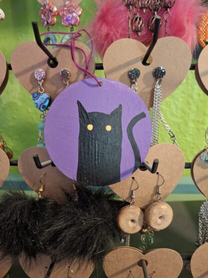 Cute Black Cat Violet Wooden Ornament