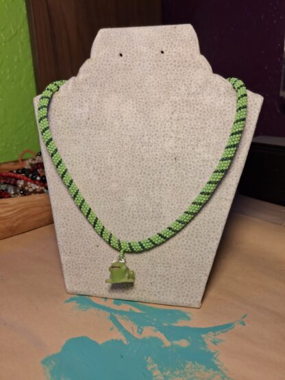 Green Beaded Rope Necklace with Frog