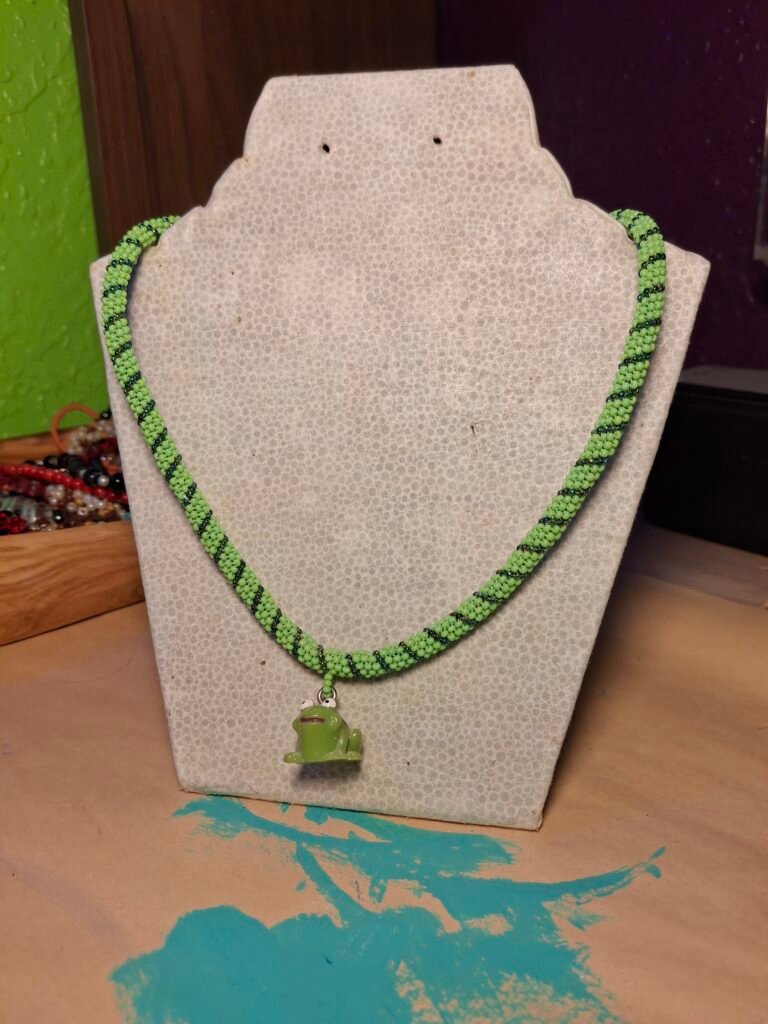 Green Beaded Rope Necklace with Frog